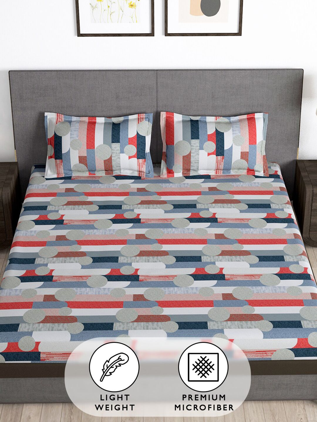 Story@home Grey & Red Geometric 180 TC Queen Bedsheet with 2 Pillow Covers