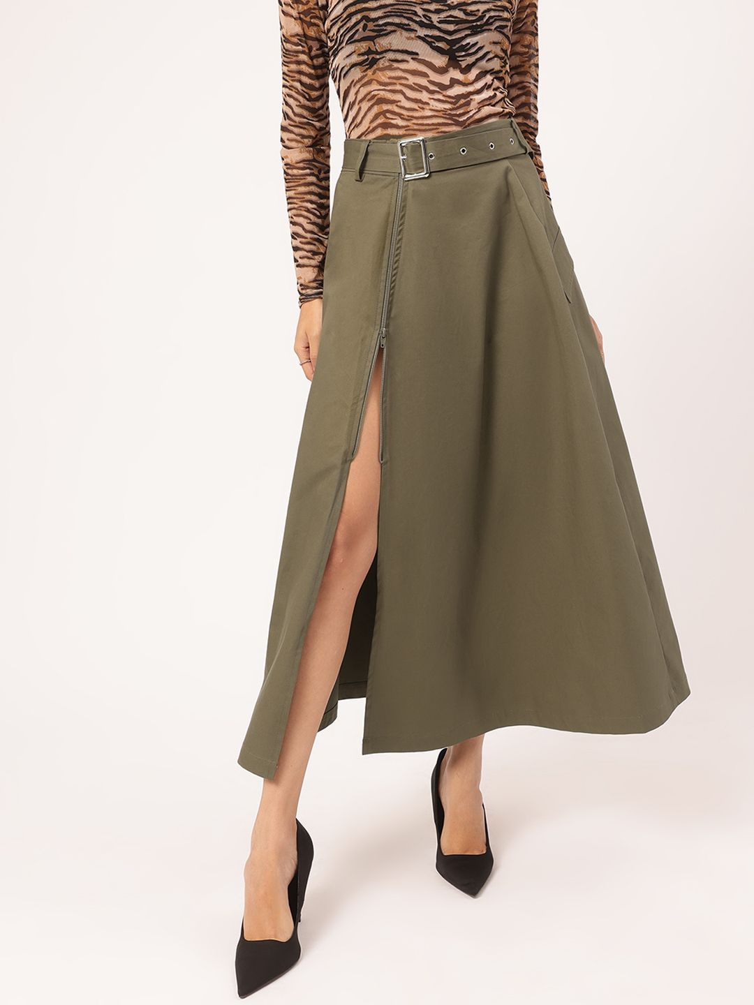 DressBerry Bold & Stylish Side High Slit A-Line Belted Midi Skirt