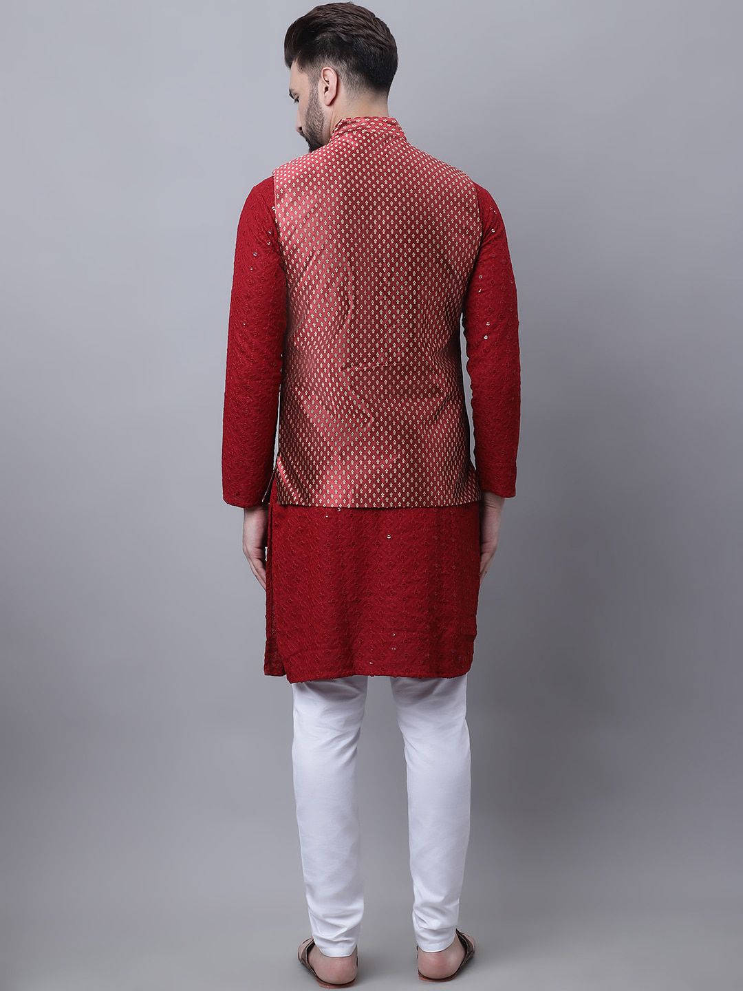 SOJANYA Kurta Kapas Tulen Sulam Bunga Lelaki Dengan Piyama & Jaket Nehru