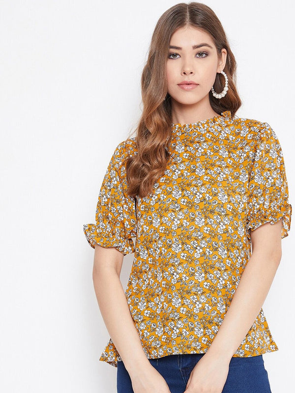 Berrylush Women Mustard Yellow & White Floral Printed Top