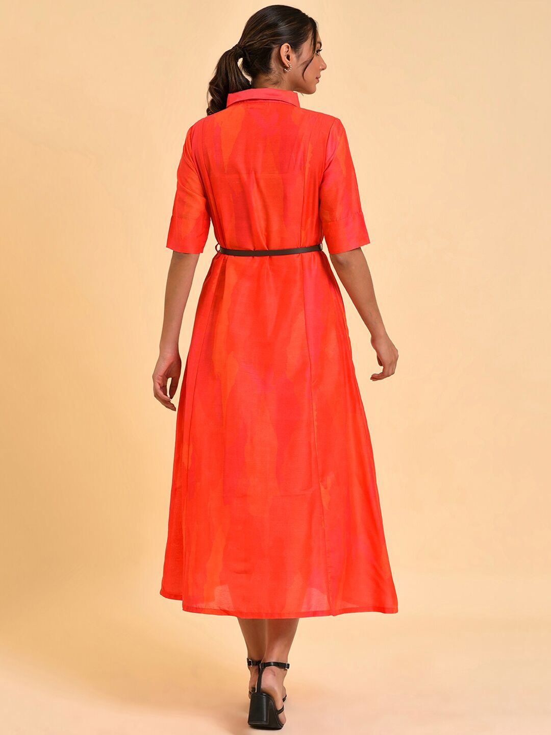 W Red Shirt Midi Dress With Belt