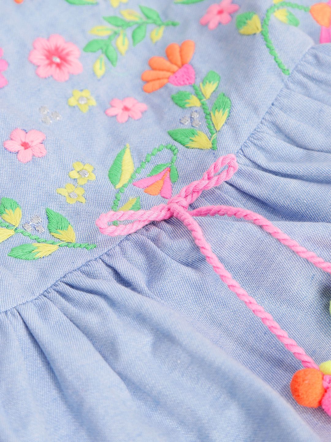 Nauti Nati Girls Blue Floral Embroidered A-Line Dress
