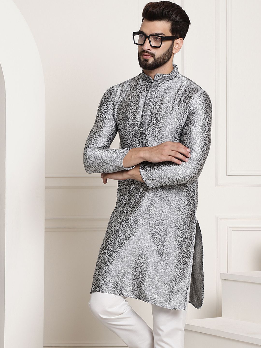 SOJANYA Men Grey Printed Straight Kurta