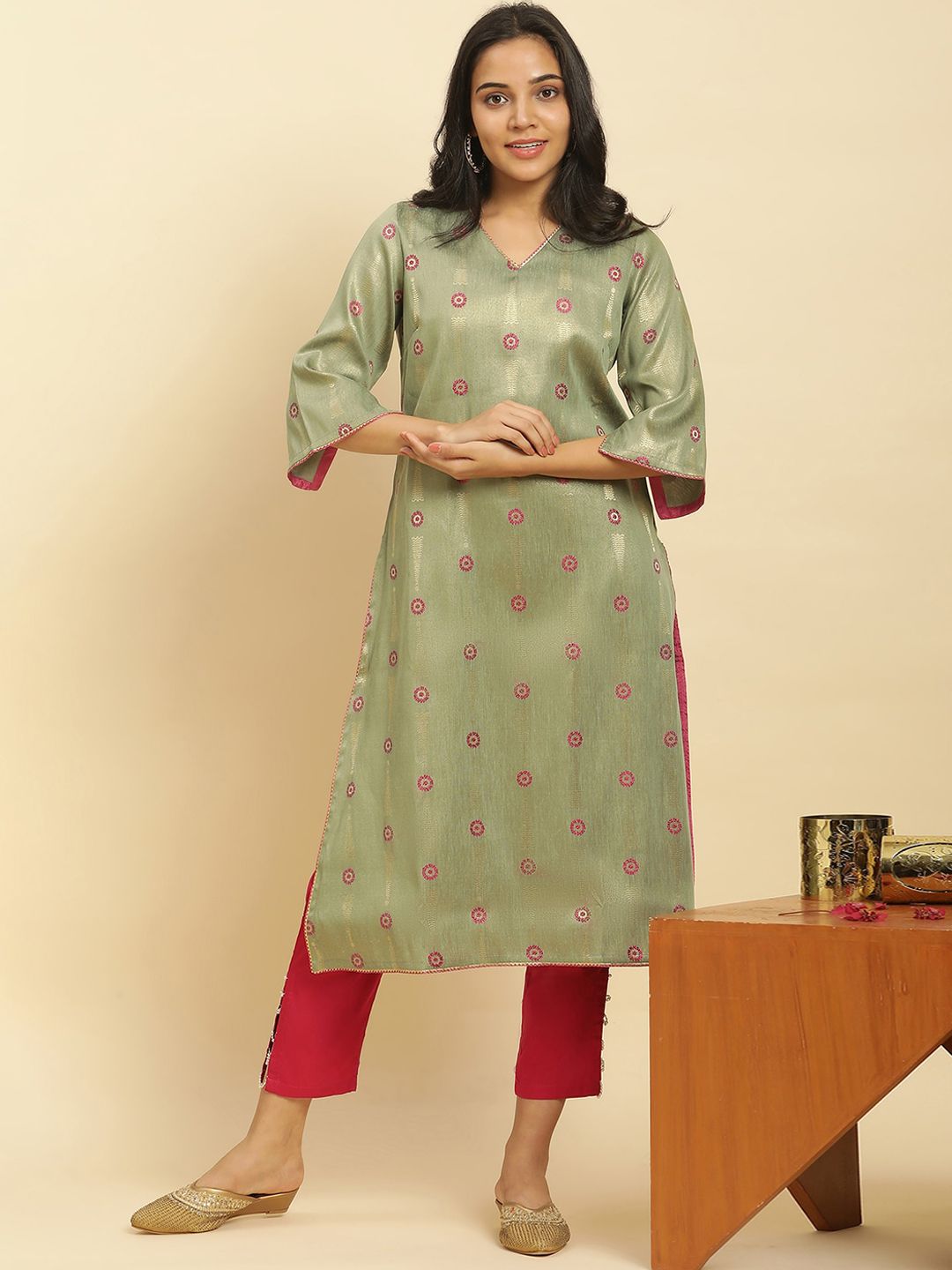 W Floral Woven Design V-Neck Three-Quarter Sleeve Gotta Patti Kurta