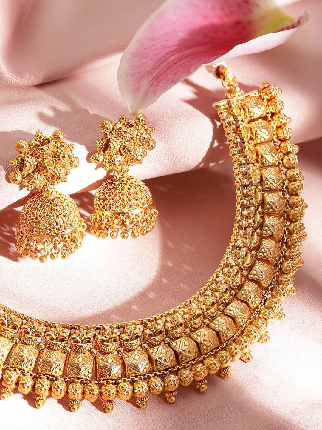 Rubans 22k Gold-Plated Artificial Beads Beaded Royalty Exquisite Necklace & Earrings