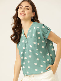 DressBerry Women Green & Off White Printed Boxy Top
