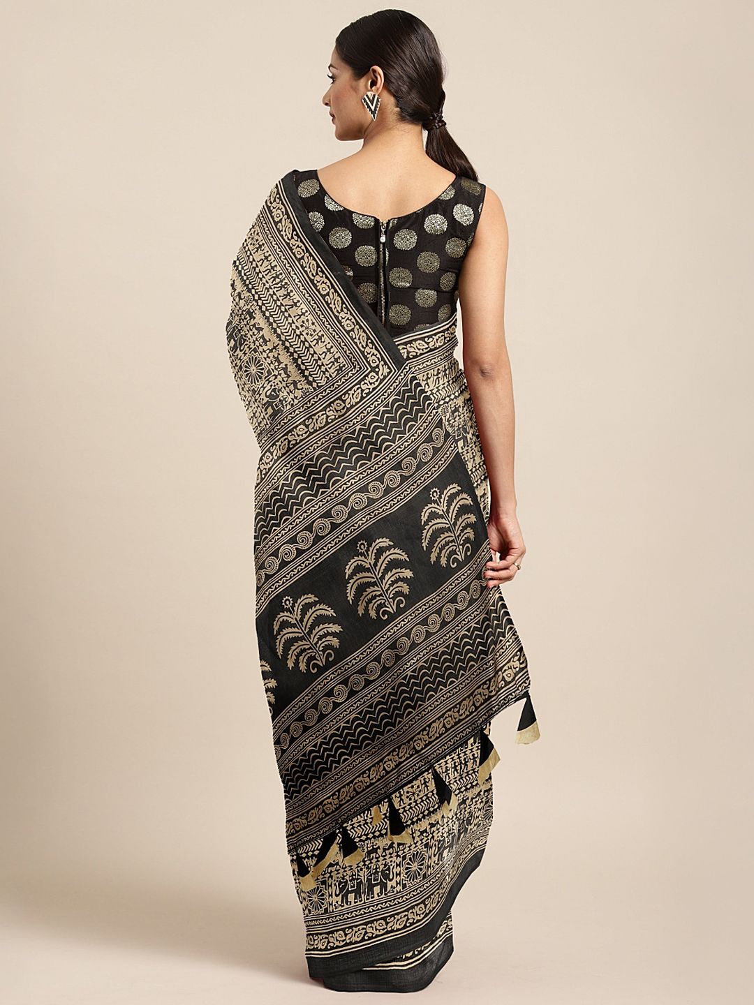 KALINI Black & Beige Silk Blend Printed Khadi Saree