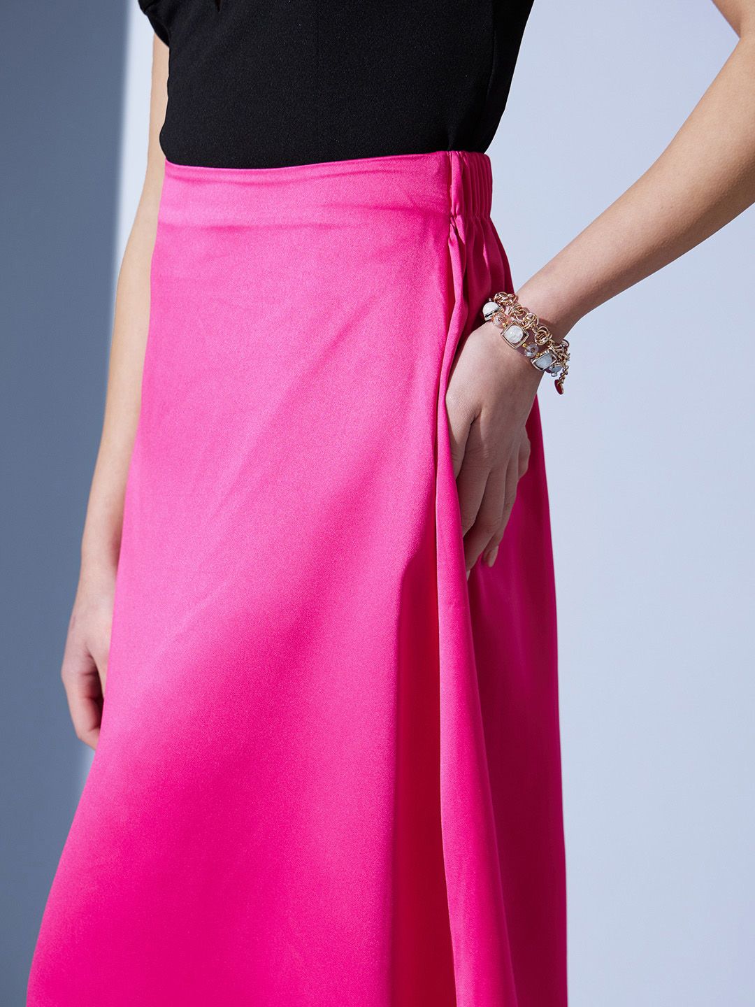STREET 9 Fuchsia Satin A-Line Midi Skirt
