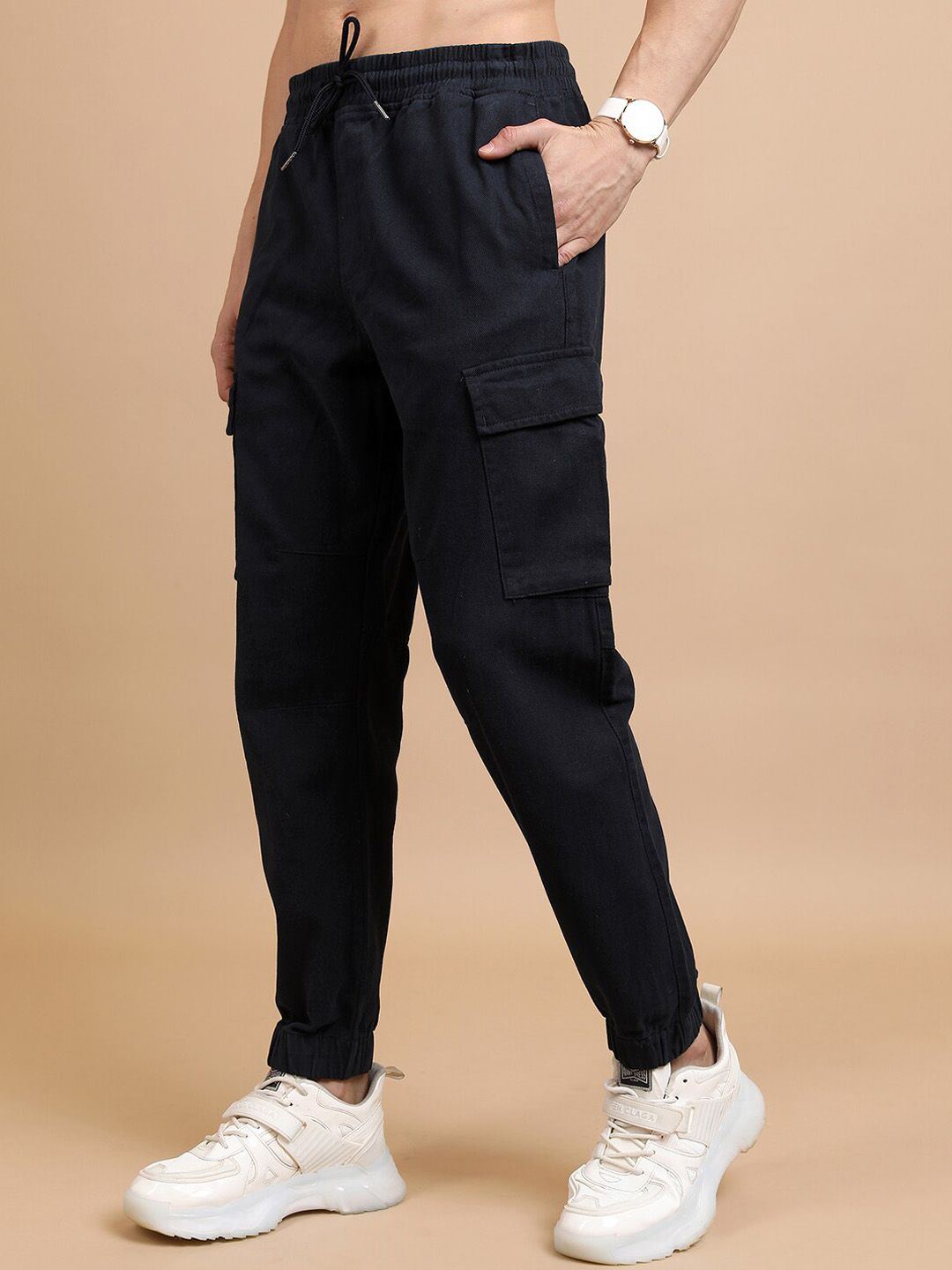 HIGHLANDER Men Navy Blue Mid-Rise Cotton Cargo Joggers