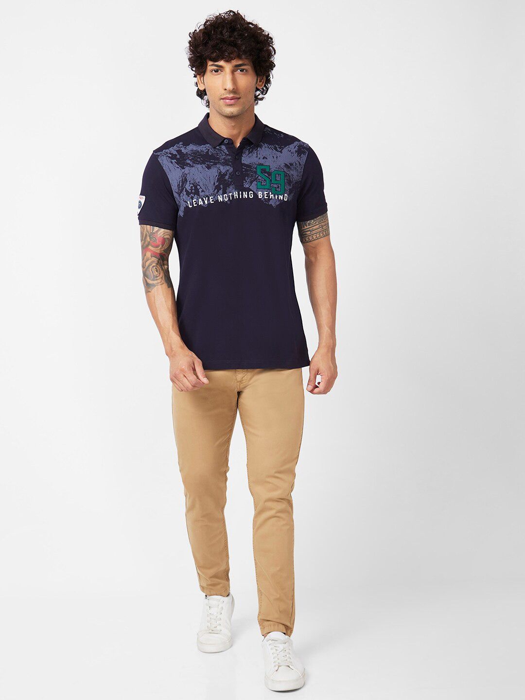 SPYKAR Graphic Printed Polo Collar Applique Slim Fit Cotton Casual T-shirt