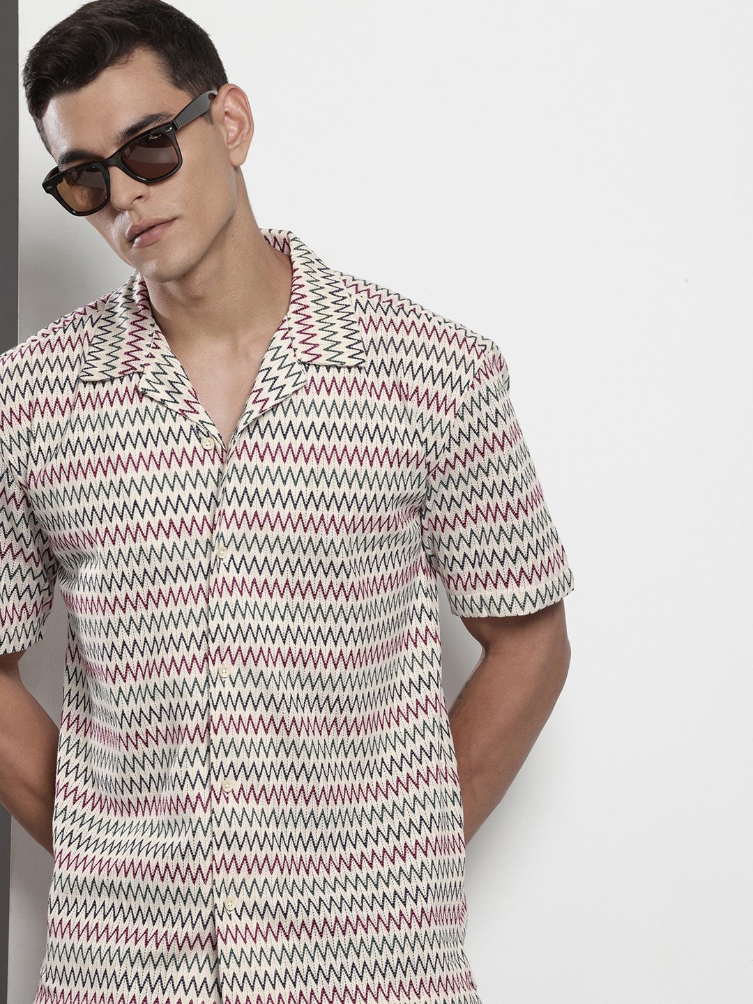 The Indian Garage Co Men Relaxed Fit Textured Lace Crochet Resort Wear Shirt