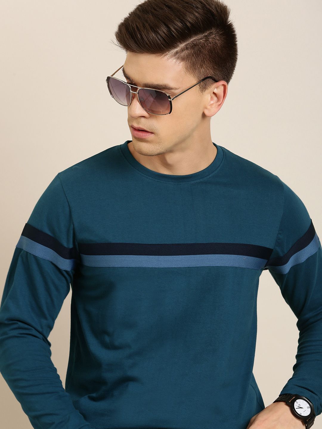 DILLINGER Men Blue & Black Pure Cotton Striped T-shirt
