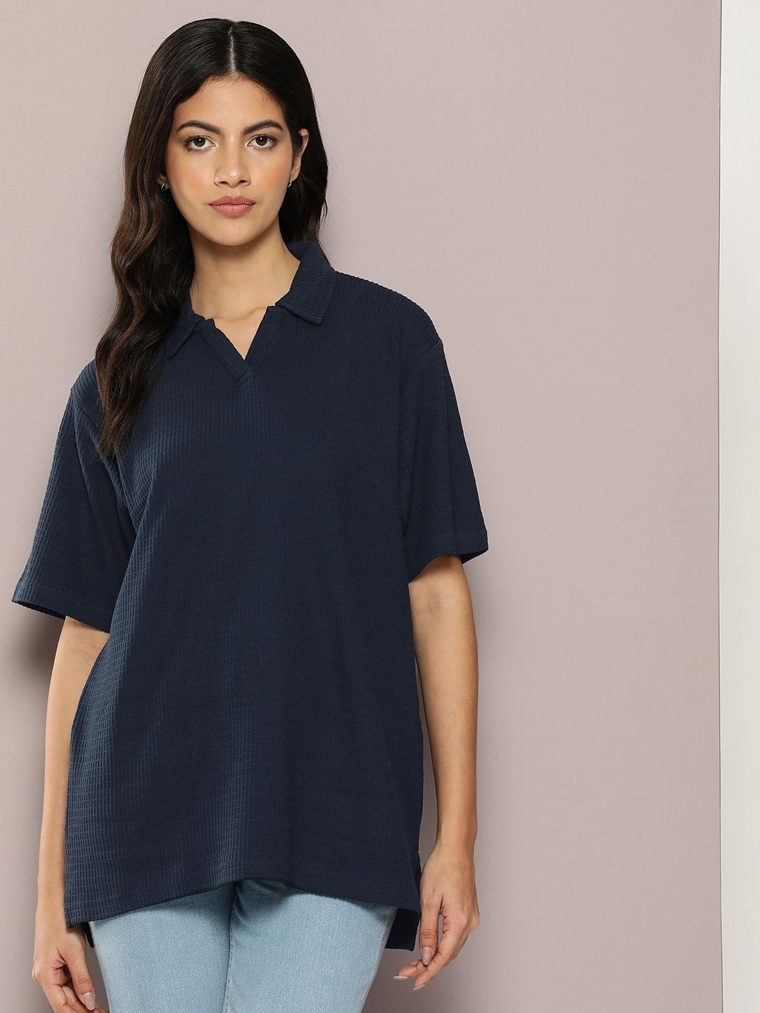 DILLINGER Women Waffle Structure Oversized Polo Collar T-shirt