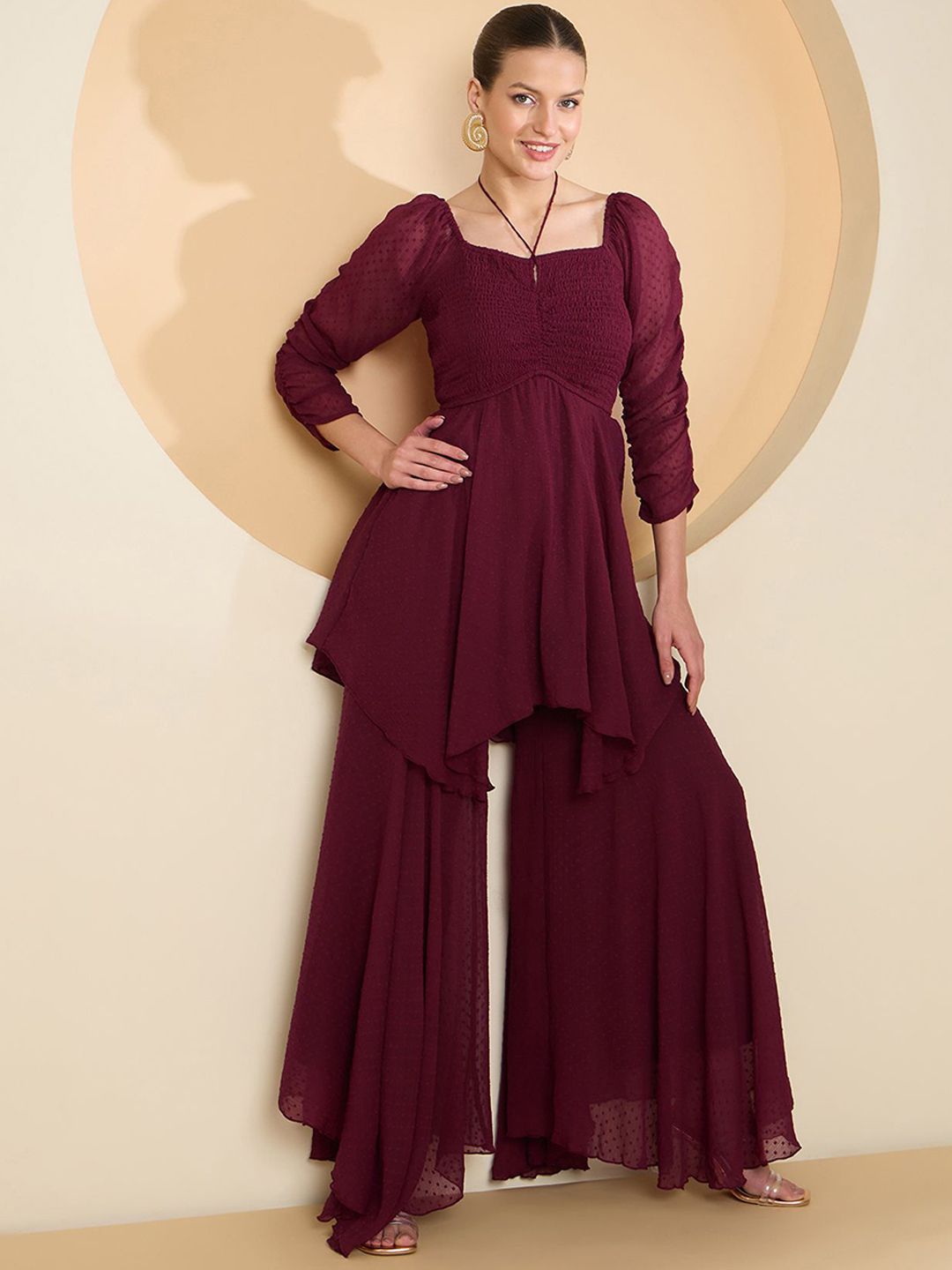 Antheaa Notch Neck Three-Quarter Sleeves Top With Palazzo