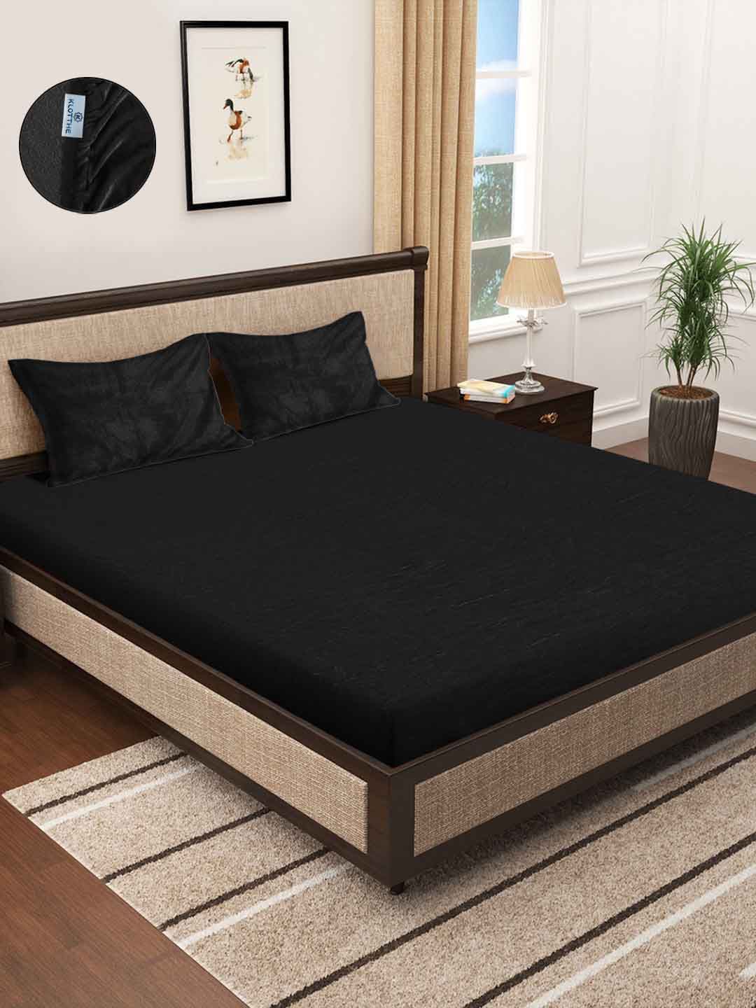 KLOTTHE Black Solid Dilengkapi Cadar King Bulu 400 TC Dengan 2 Sarung Bantal