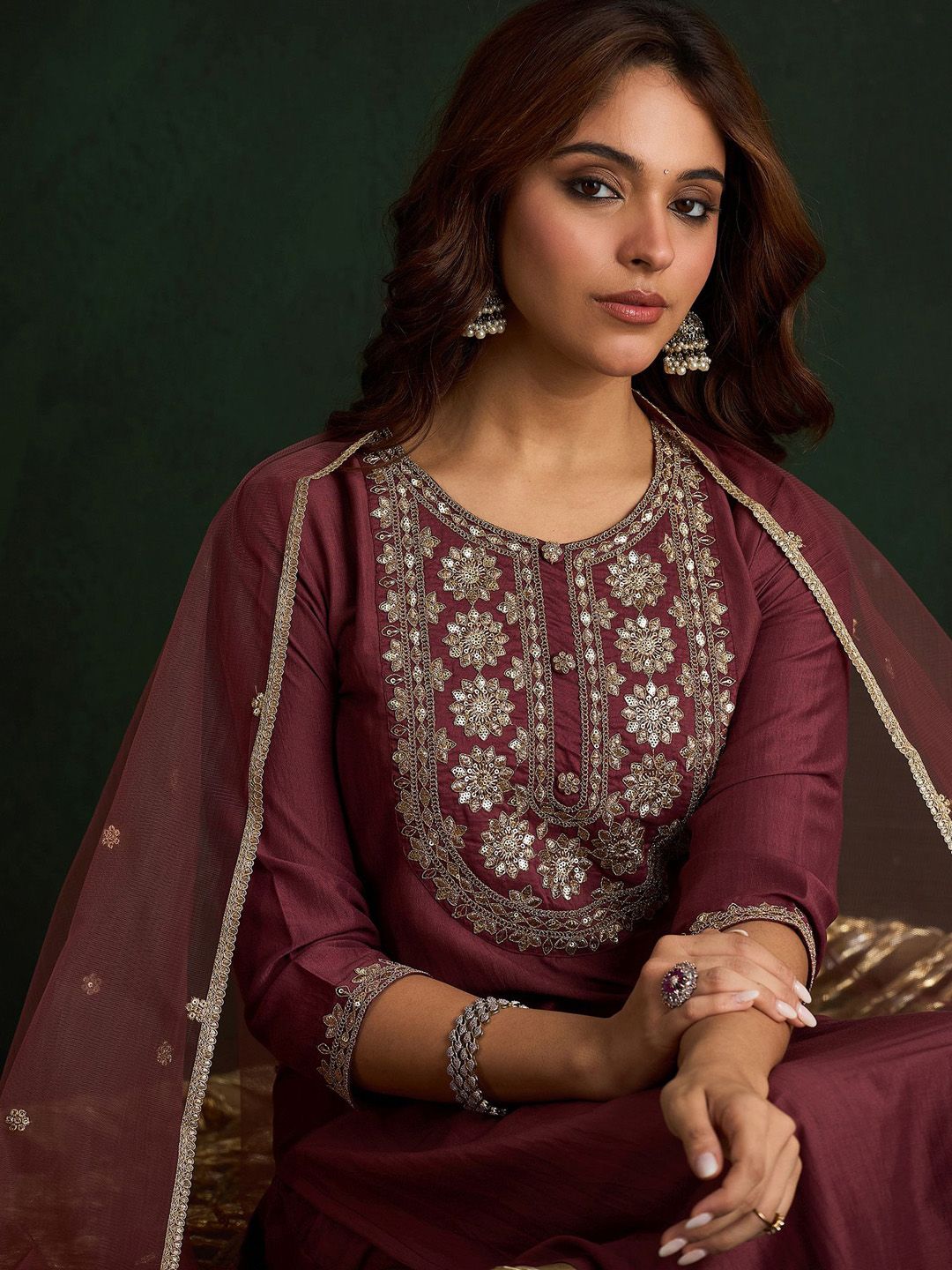 Indo Era Women Floral Embroidered Regular Kurta with Trousers & With Dupatta