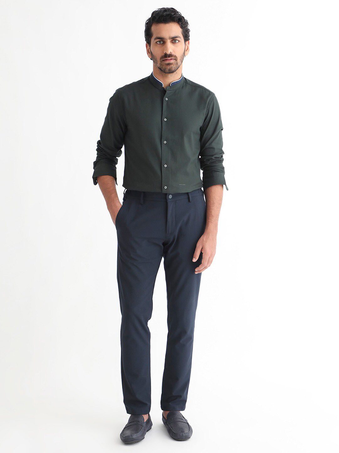 RARE RABBIT Men Tehran Band Collar Slim Fit Shirt