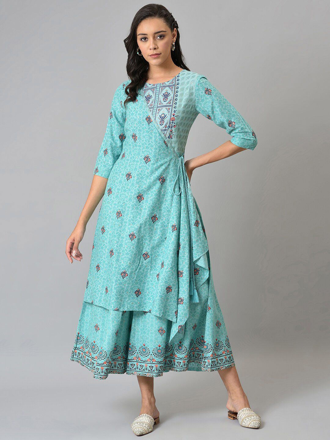 W Women Light Blue Glitter Printed Angrakha Jumpsuit