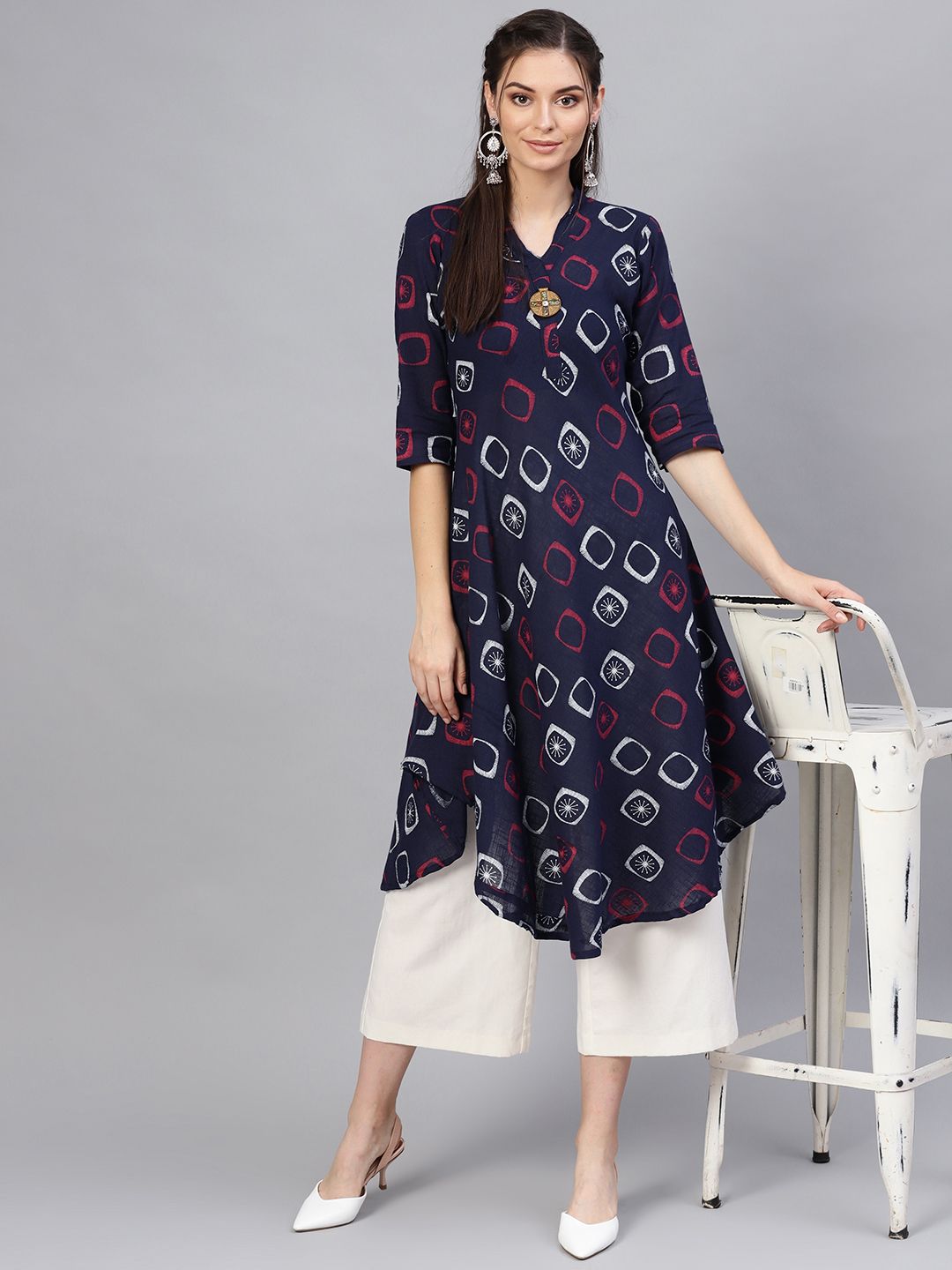 SOJANYA Kurta Bercetak A-Line Wanita Navy Blue & Pink