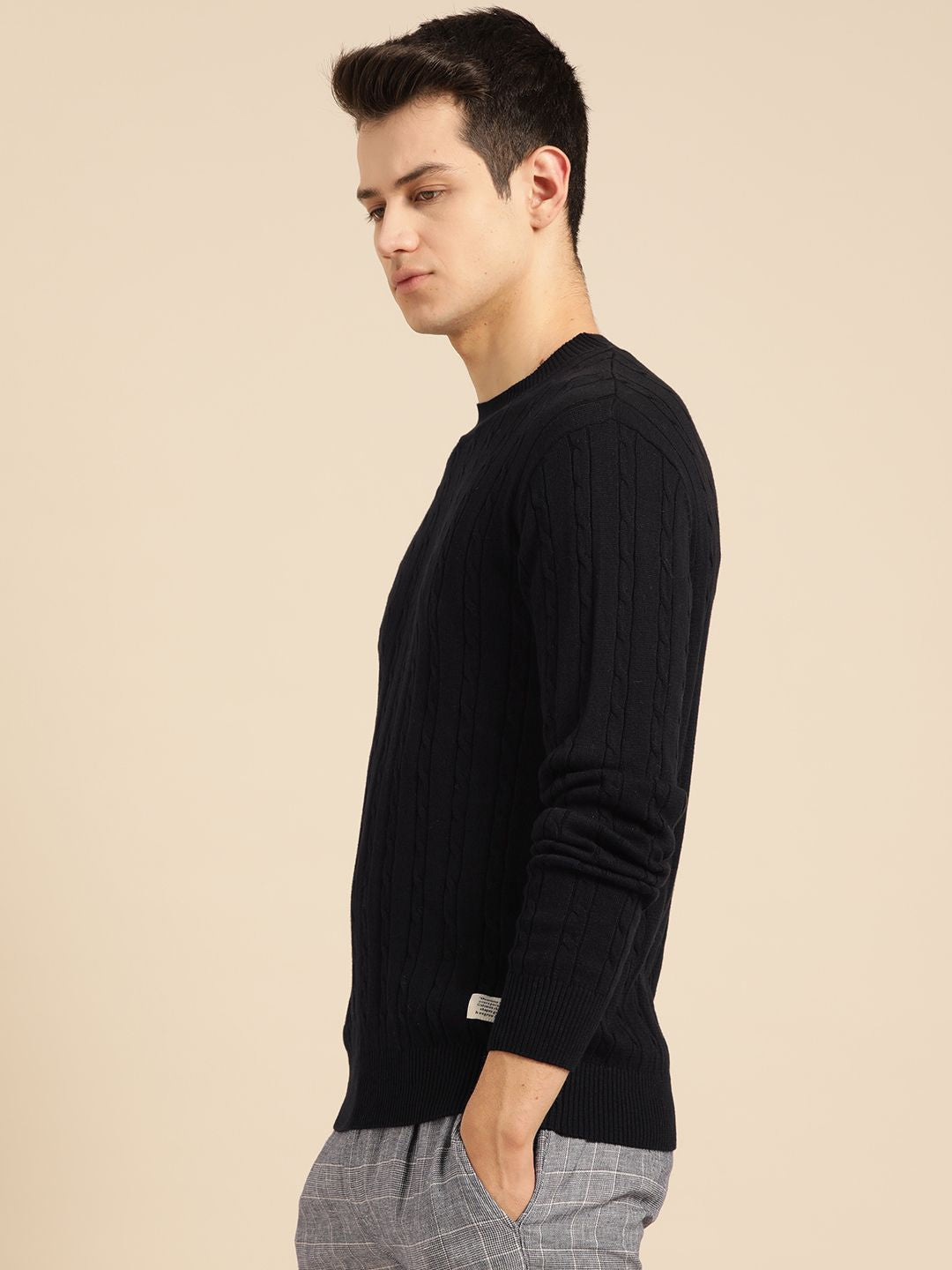 Mr Bowerbird Men Black Pure Cotton Cable Knit Sweater