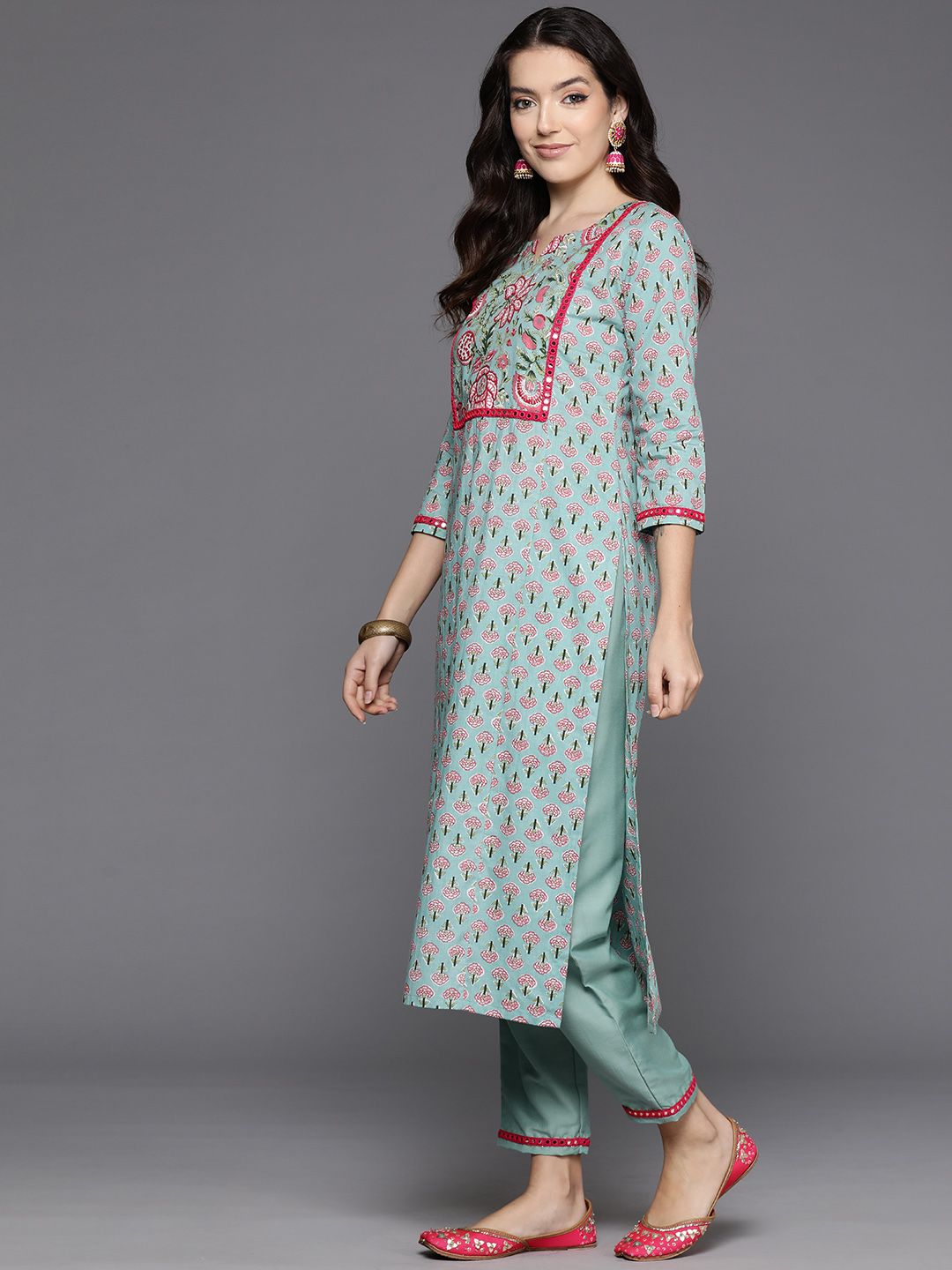 Indo Era Women Floral Printed Mirror Work Pure Cotton Kurta with Trousers & With Dupatta