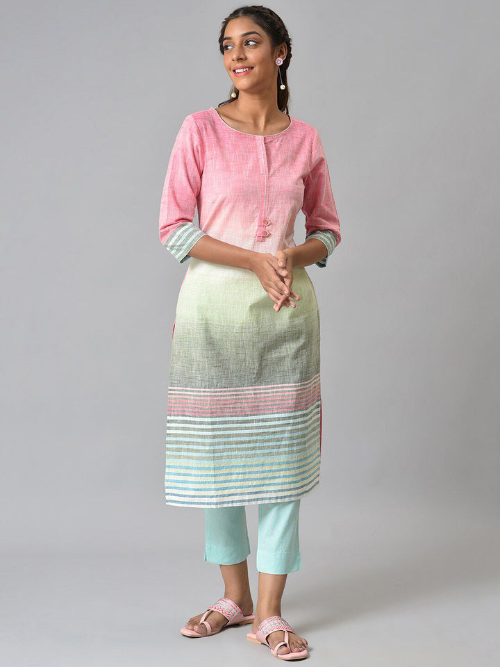 AURELIA Women Pink & Blue Colourblocked Gotta Patti Kurta