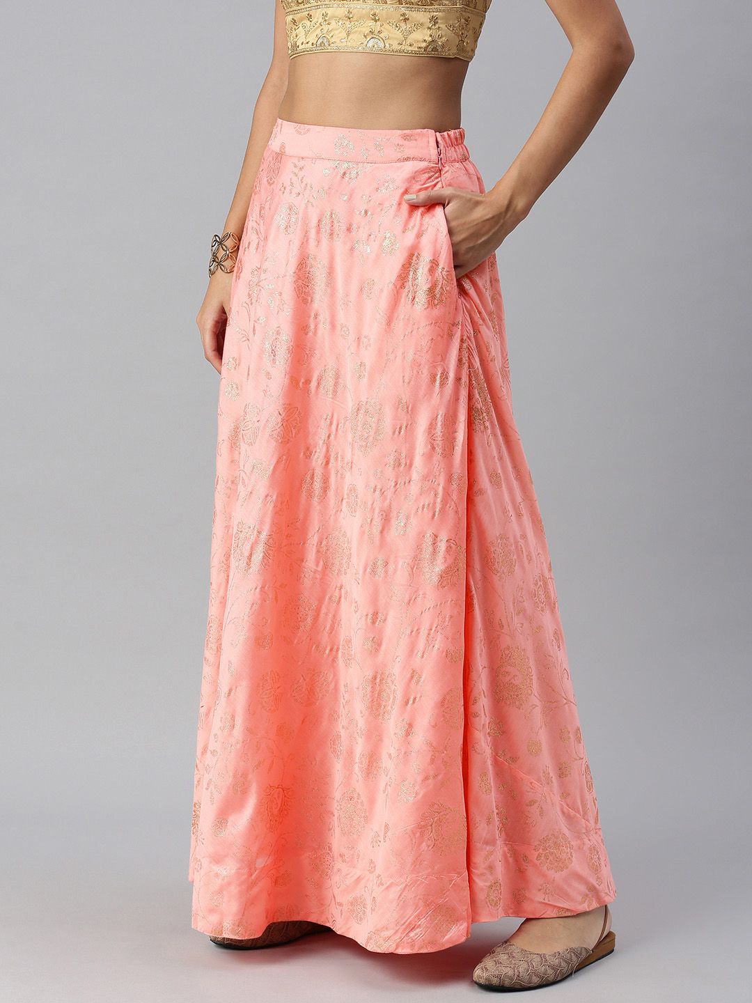 Global Desi Women Peach Pink & Gold-toned Embellished Paneled Flared Maxi Skirt