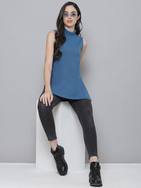SASSAFRAS Blue Ribbed Side Slit Regular Longline Top