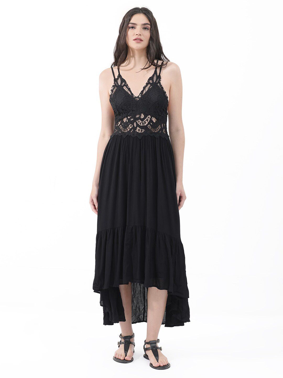 RAREISM Self Design Shoulder Strap Fit & Flare Midi Dress