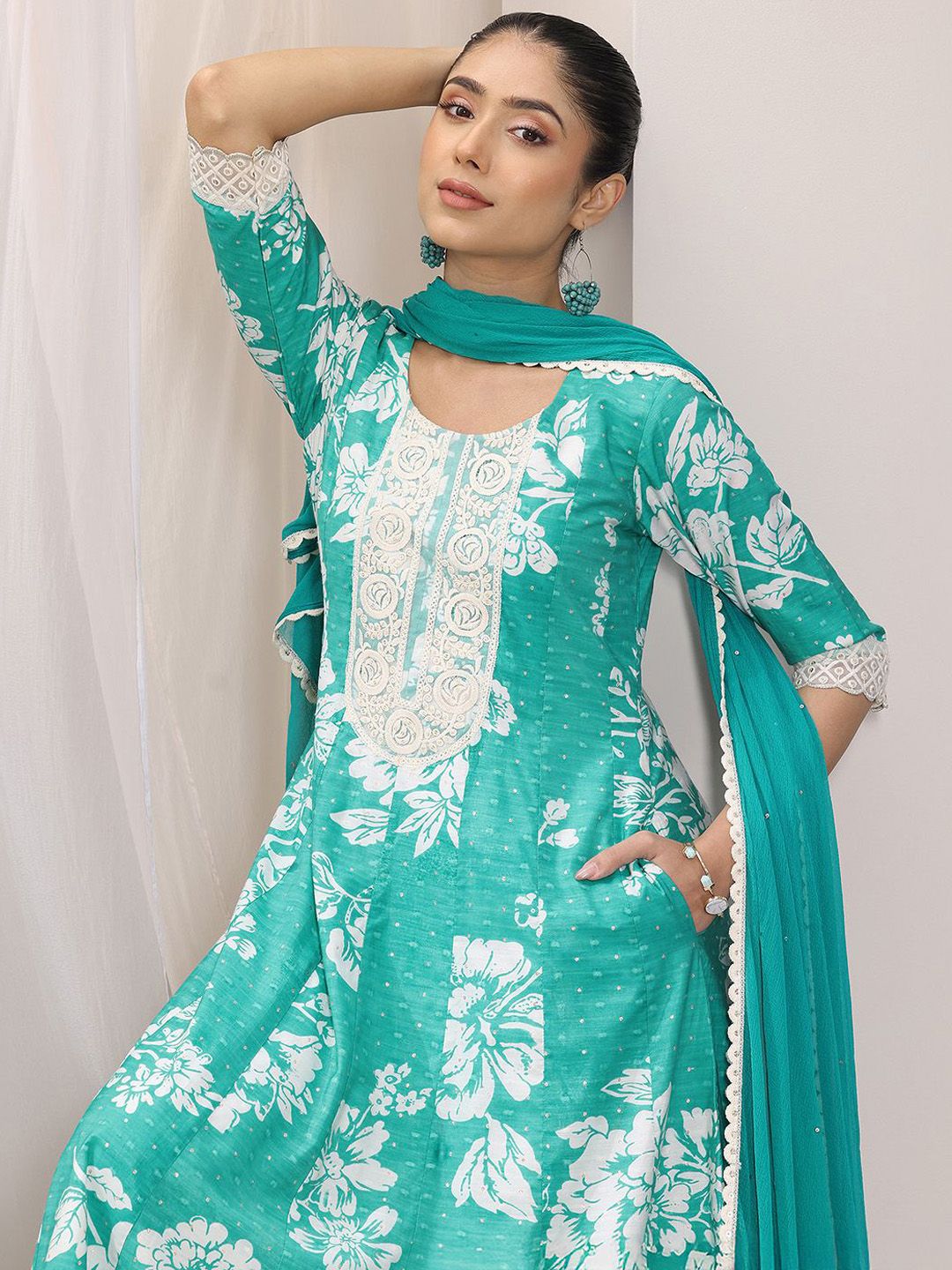 Libas Womens Blue Printed Anarkali Kurta With Trousers & Dupatta