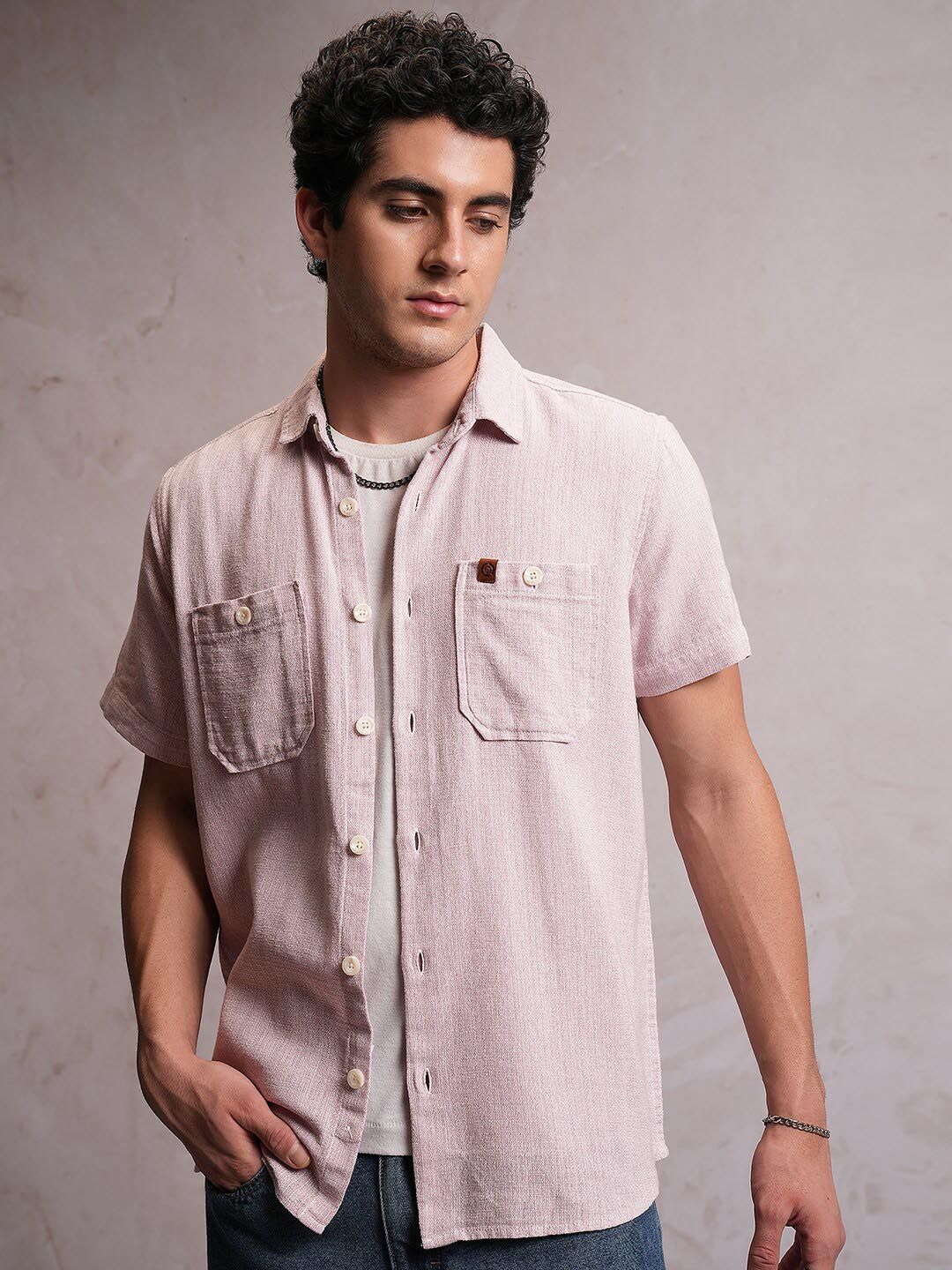 Locomotive Men Light Pink Dobby Textured Checked Utility Pocket Regular Shirt