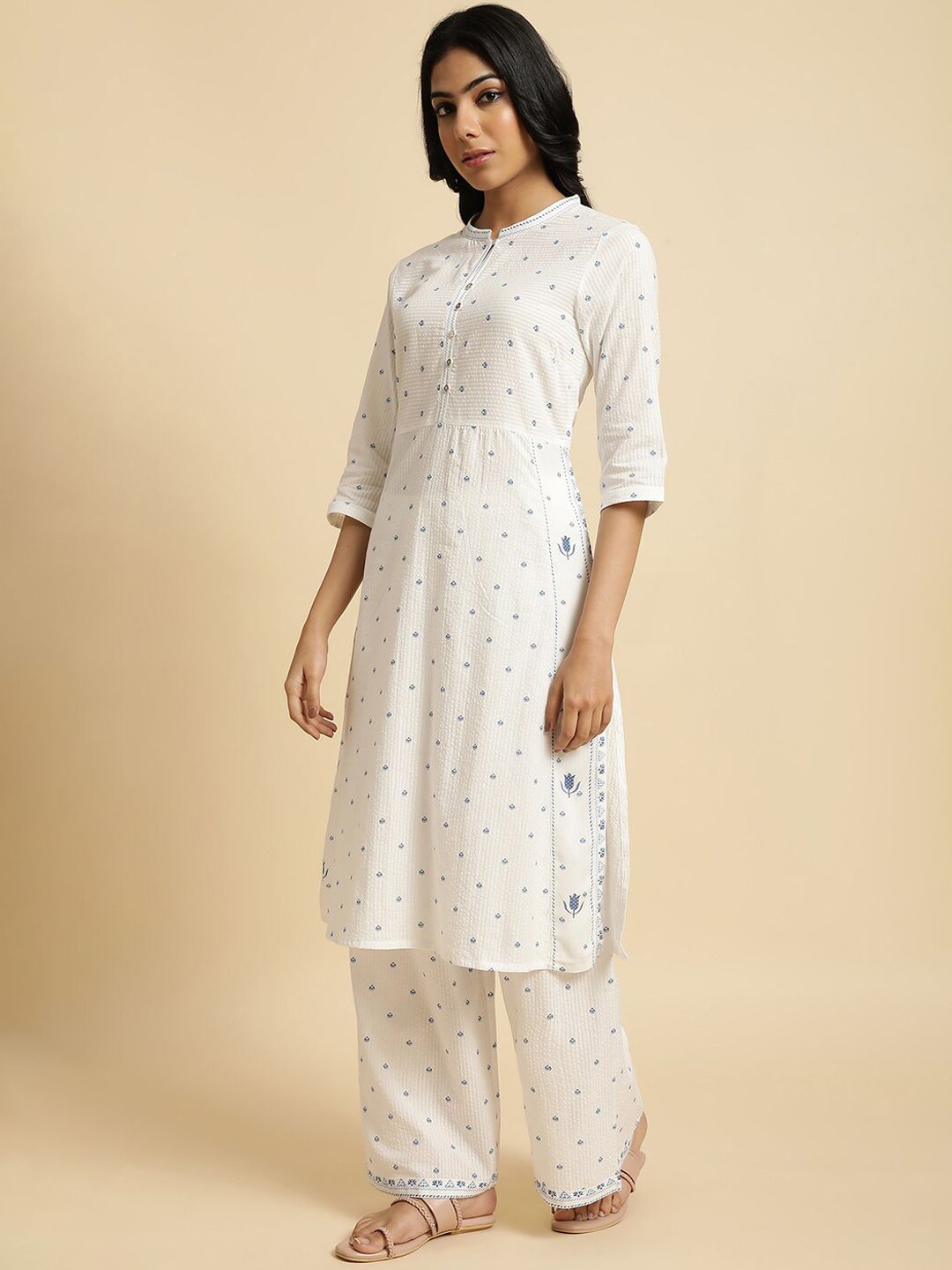 W Floral Print Cotton Kurta Set With Palazzos