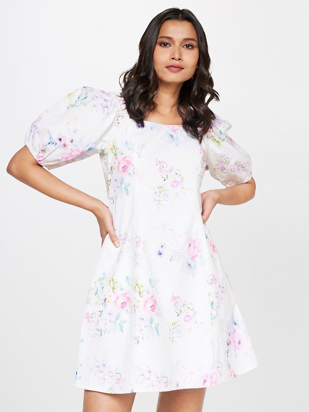 AND Smocked Floral Print A-Line Pure Cotton Dress