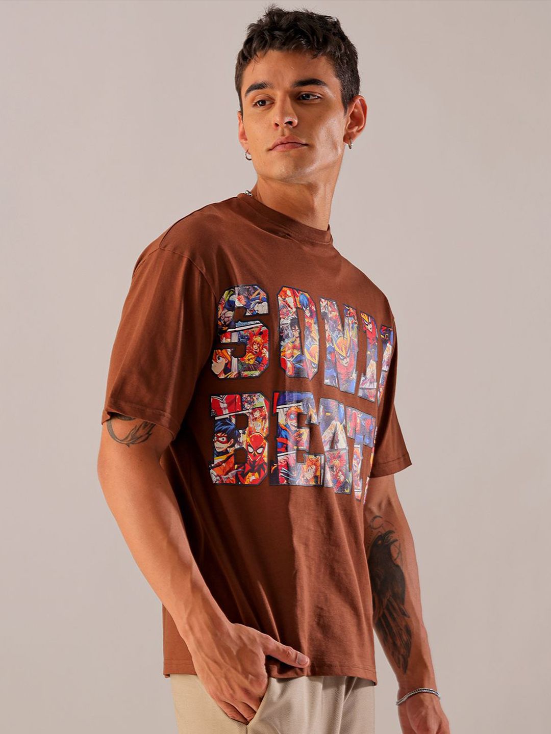 The Indian Garage Co Men Graphic Printed Boxy Oversized Round Neck Pure Cotton T-shirt
