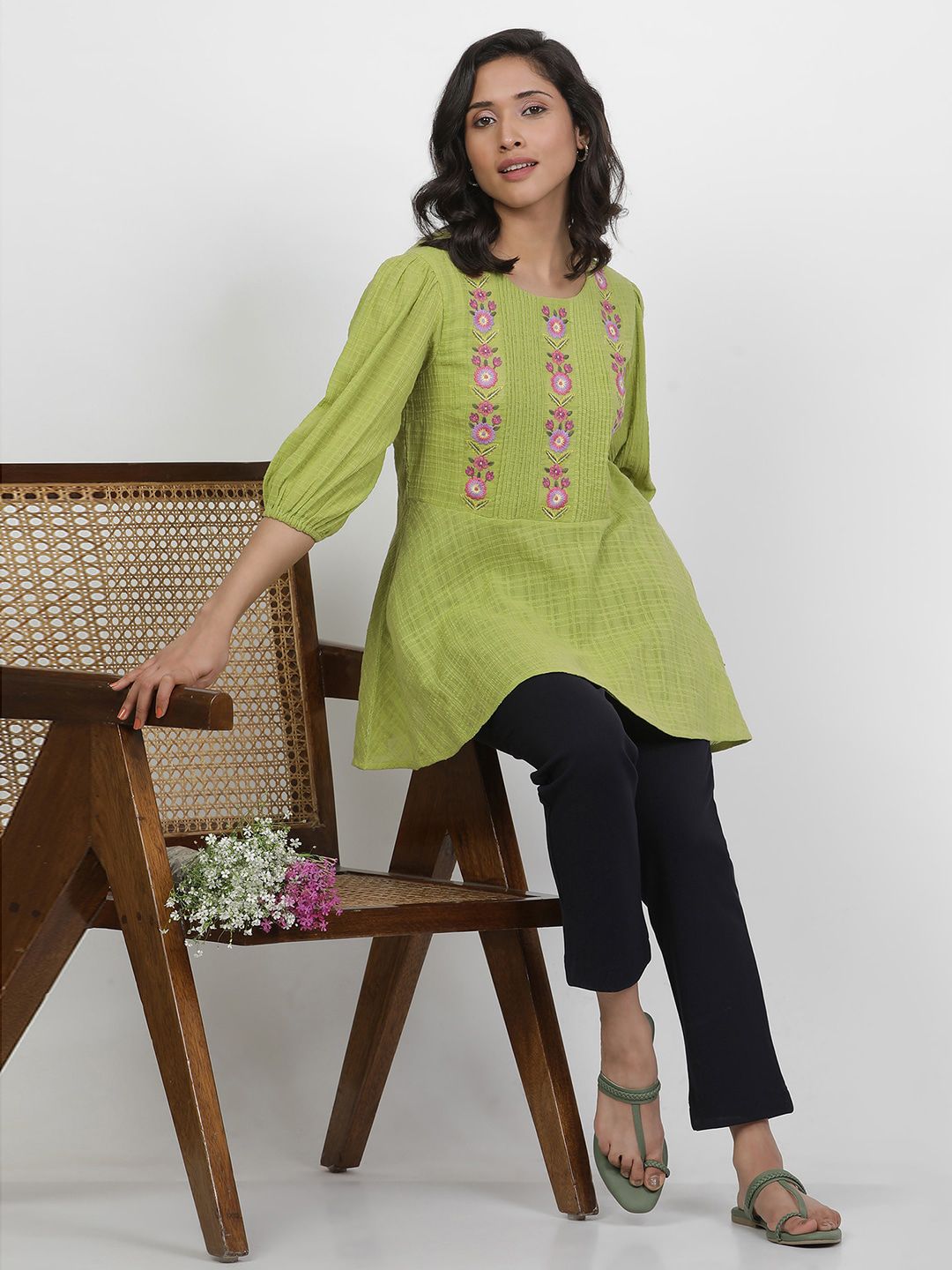 W Floral Embroidered Puffed Sleeves Pure Cotton Longline A-Line Top