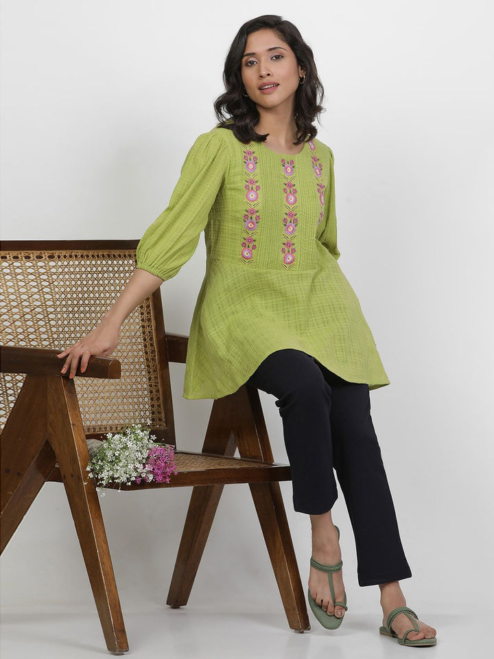 W Floral Embroidered Puffed Sleeves Pure Cotton Longline A-Line Top