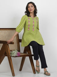 W Floral Embroidered Puffed Sleeves Pure Cotton Longline A-Line Top