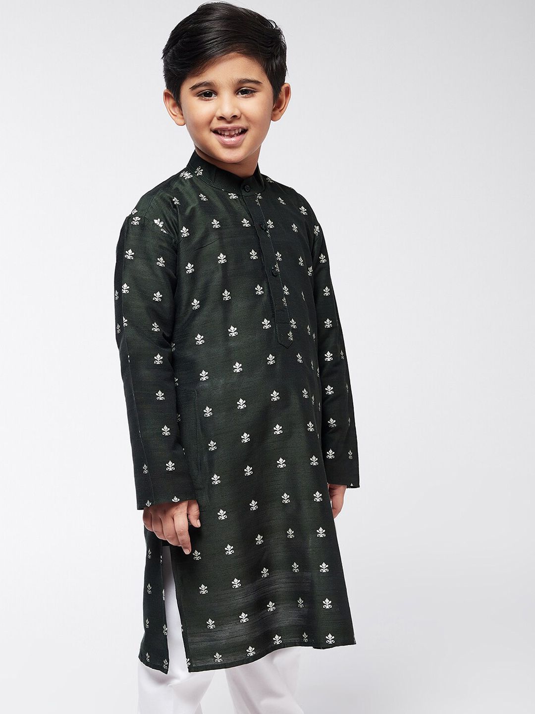 SOJANYA Lelaki Motif Etnik Hijau & Putih Bercetak Kurta Lurus