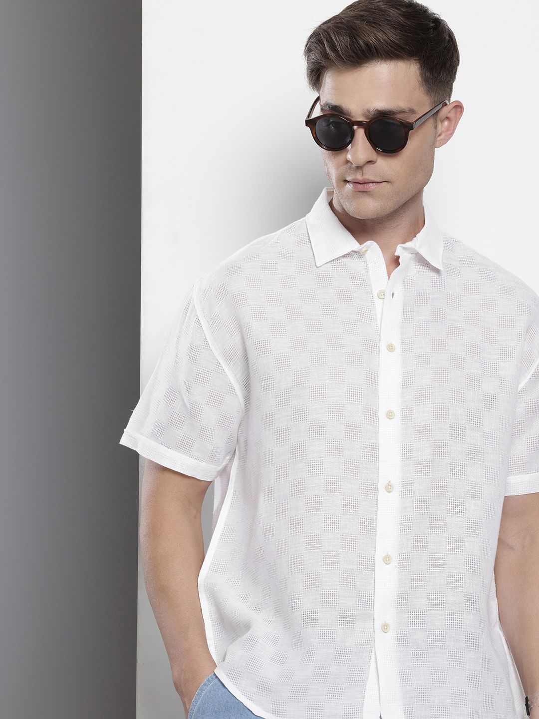 The Indian Garage Co Self-Design Drop-Shoulder Sleeves Relaxed Fit Semi Sheer Casual Shirt