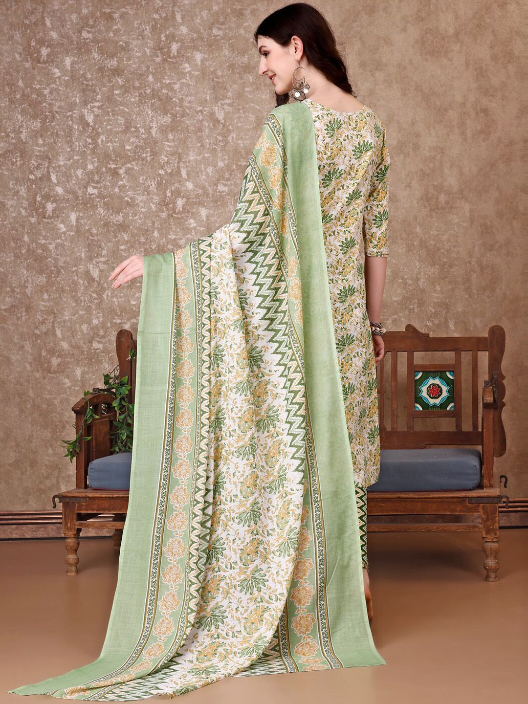 KALINI Floral Printed Regular Straight Kurta With Trousers & Dupatta