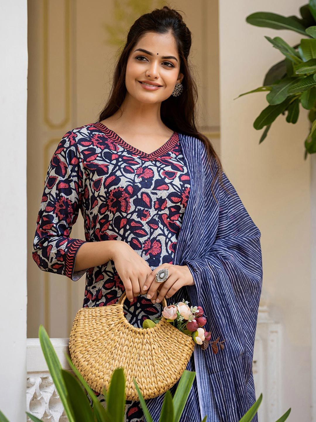 KALINI Floral Printed V Neck Straight Kurta With Trousers & Dupatta
