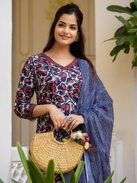 KALINI Floral Printed V Neck Straight Kurta With Trousers & Dupatta