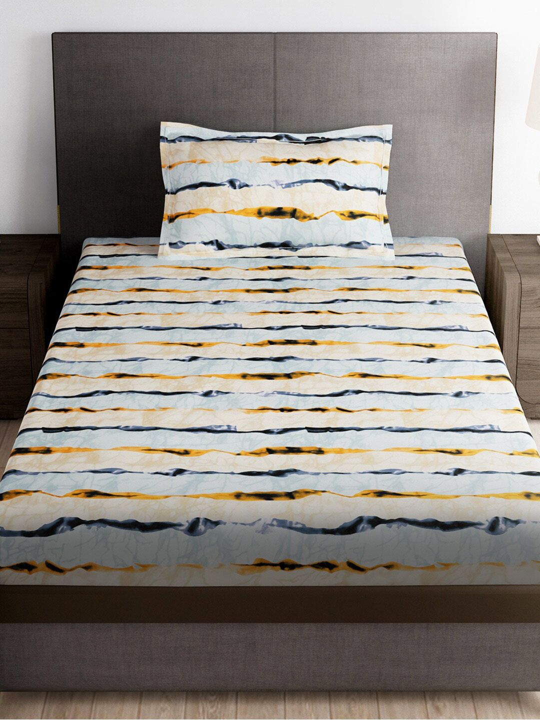 Story@home Cream-Coloured & Orange 180 TC Single Bedsheet with 1 Pillow Covers