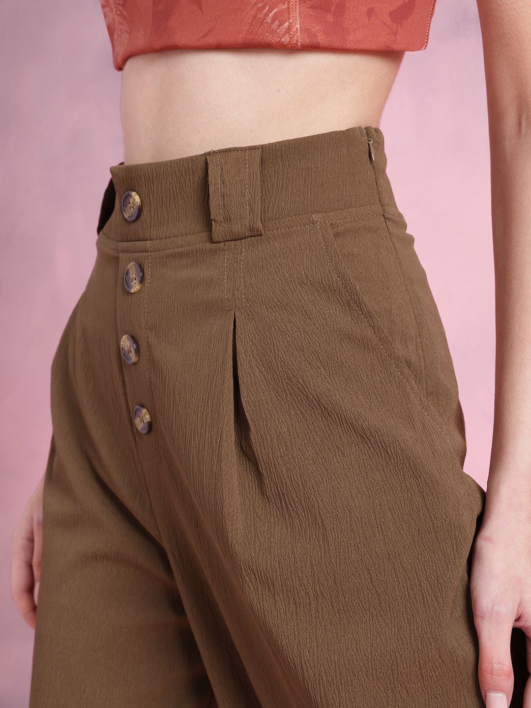 DressBerry Women Comfortably Grunge Textured Pleated Mock Button Trousers