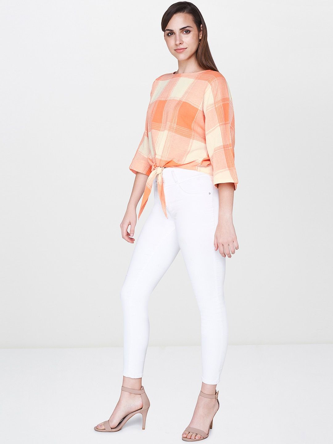 AND Women Orange & Beige Checked Pure Cotton Top with Front Knot