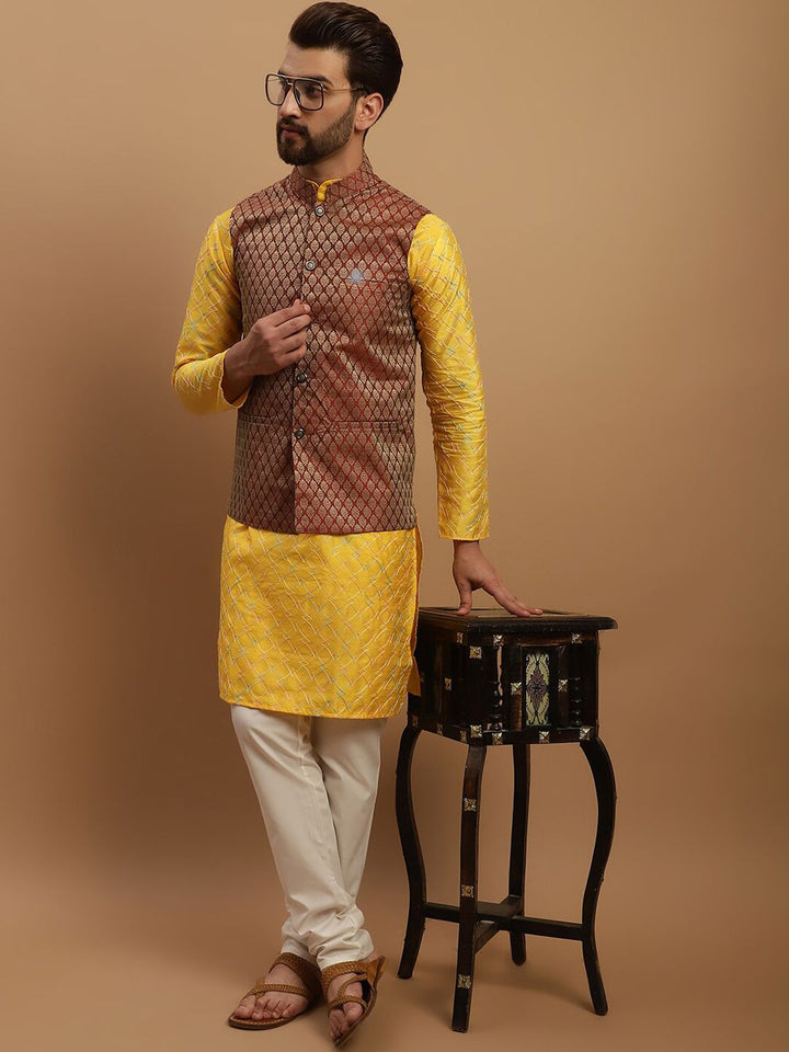 SOJANYA Geometric Embroidered Regular Kurta with Churidar & Woven Design Nehru Jacket