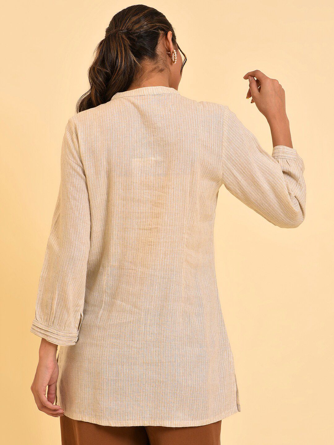 W Beige Mandarin Collar Shirt Style Top