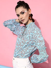 STREET 9 Women Blue Floral Print Tie-Up Neck Shirt Style Top