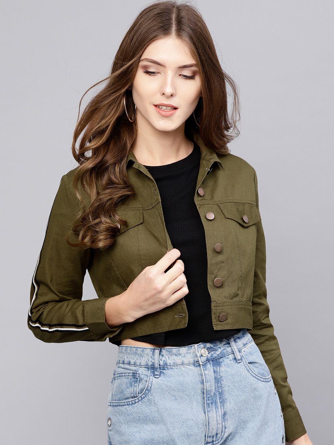 STREET 9 Women Olive Green Solid Crop Jacket