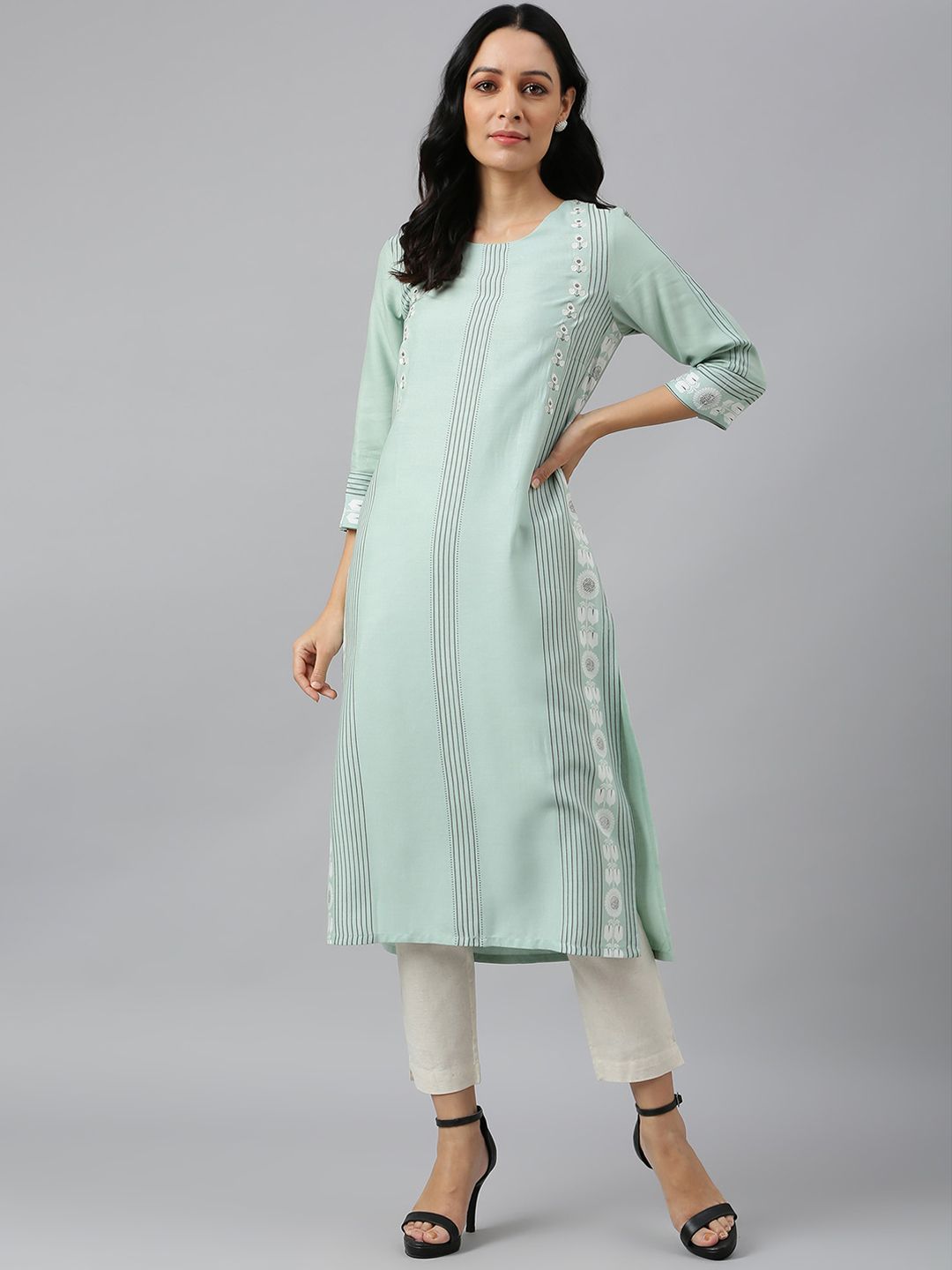 W Women Green Striped Thread Work Floral Viscose Rayon Kurta